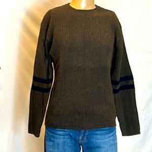 Men’s Shetland wool sweater. Brown with navy stripes on sleeves. Ribbed